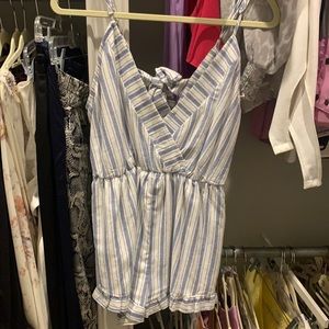 blue and white striped romper that ties in back
